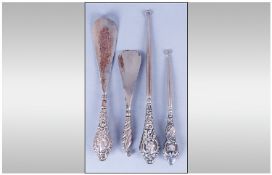 Edwardian Embossed Silver handled Set Of Boot Hooks & Shoe Hooks, 4 in total Hallmark Chester