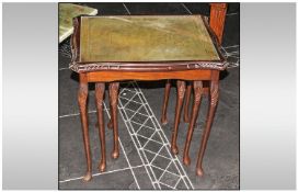 Queen Anne Style Leather Topped Nest Of Three Tables, green leather inserts.