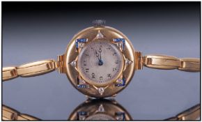 Swiss Art Deco 18ct Gold Diamond And Sapphire Set Ladies Wristwatch. Marked 18kt. Good quality and