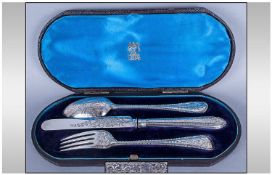 Victorian Cased Silver Three Piece Christening Cutlery Set comprising form, knife & spoon, Hallmark