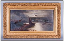 Oil on Canvas of an Estuary Scene of Figures at Night Time. Indistinctly Signed. In a gilt frame.