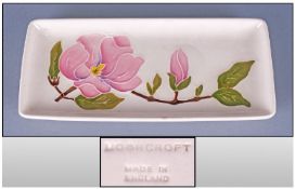Moorcroft Large Lidded Pin Tray coral hibiscus design on green ground. 8.25`` in width, Excellent