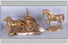 Brass Figure Group Of A Racing Horse & Carriage, man in carriage with whip & two horses to front,