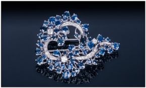 18ct White Gold Elegant Set Ladies Sapphire & Diamond Brooch circa 1950`s. Bouquet shape. 2.25`` in