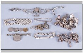 Collection Of Silver Jewellery, Comprising 2 Charm Bracelets Loaded With 35+ Charms, Flat Curb