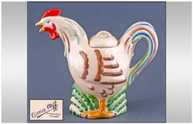 Clarice Cliff Rare Handpainted Novelty Teapot in the form of a cockerel. Circa 1930`s. 7.75`` in