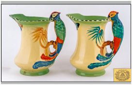 Burleigh Ware Art Deco Hand Painted Parrot Handled Jugs, Bright yellow & green colourway. Each