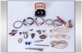 Bag of Watches and Jewellery including ladies wristwatches, faux pearls, Wedgwood pendant and