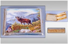 Austrian Fine Quality Enamel & Alpacca Silver Cigarette Case Circa 1900. Features Stag in a