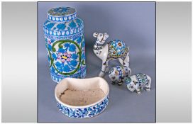 Collection Of Five Indian Pottery Items Including two small elephant figures, 1 camel figure,
