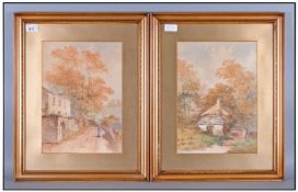 Pair Of Water Coloured Drawings depicting country cottage scenes with figures monogrammed BF. Late