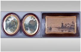 Three Prints In Original Frames Comprising Dutch windmill scene and two continental mill lake