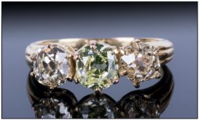 Ladies Three Stone Yellow Diamond Ring, set with three old cut Diamonds. All shows tints of light