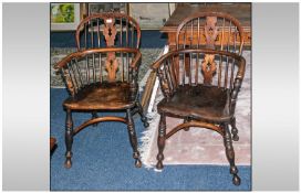 A Pair Of Antique Windsor Small Armchairs with crinoline stretchers on turned legs. Beech.