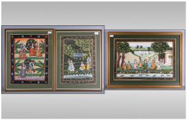 Collection Of Three Indian Watercolours depicting figures in various garden settings. Largest