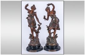 French Pair of Late 19th Century Patinated Spelter Figures with French, Paris, Foundry Marks,