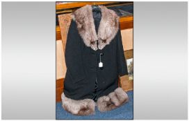 Ladies Blue Fox Fur Collar & Trim Three Quarter Length Coat. Fully lined. Button fastening.