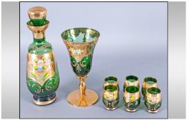 Venetian Glass Decanter Set comprising decanter and six small tot glasses, green coloured glass