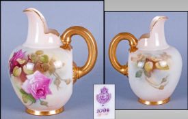 Royal Worcester Hand Painted Helmet Shaped Jug decorated with images of roses. Date 1918. 4.75`` in