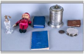 Mixed Lot of Oddments comprising early celluloid fireman figure, Military tea caddy, cut glass