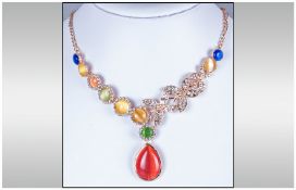 Cat`s Eye and Crystal Butterfly Pendant Necklace, the cat`s eye effect circles in shades of yellow,