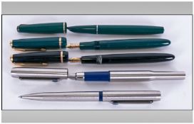 Parker 25 Fountain Pen And Ballpoint Pen plus three Vintage Parker fountain pens. Two with 14ct