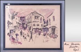 Arguably Humorous Watercolour set in Jerusalem with a Jewish theme. 23x18.5``