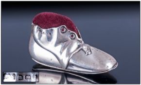 Edwardian Quality Silver Pin Cushion in the form of an old boot. Hallmark Birmingham 1909, 1.5`` in