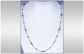 Ladies Art Deco Style Platinum Gem Set Fancy Link Necklace, Wire scroll links set to the centre