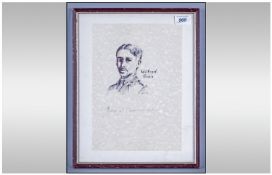 Pen and Ink Drawing of Wilfred Owen. Framed and mounted behind glass. Monogrammed in pencil `KR`.