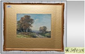 William Ashton 1853-1927 Watercolour `Figures In A Country Lane` in gilt frame. 12x8.5`` Signed
