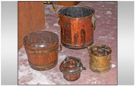 Four Pieces of Metal Ware comprising Round Copper Log Bin with Tin liner, A  Copper Kettle, a brass