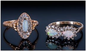 9ct Gold Opal Dress Ring, Set With Two Pear Shaped Milk Opals Surrounded By Round Cut Diamonds,