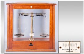 Phillip Harris & Co Birmingham Laboratory Brass Scales in a glazed mahogany case. Circa 1920/30.