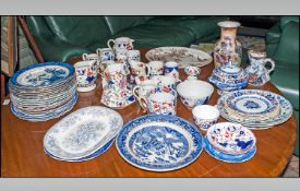 Large Quantity Of Staffordshire Pottery Items Comprising of Blue & white dinner plates & Gaudy