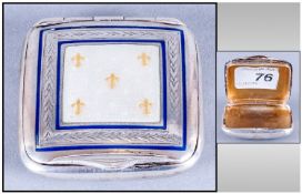 German Silver & Enamel Square Shaped Pill Box, Circa 1920`s. Marked 800. 1.75x1.75``, 36.4 grams.