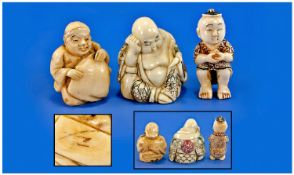 Japanese Late 19th Century Ivory Netsukes, 2 in total, interesting subjects, the tiny figure of a