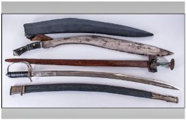 Military Interest. Three display swords. Comprising; 1, large leather clad Gurkha sword/knife,
