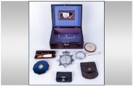 Leather Cased Hinged Box Comprising small assortment of oddments South Yorkshire police metal
