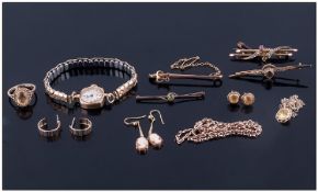 Mixed Lot 9ct Gold  & Yellow Metal Jewellery, Comprising Earrings, Bar Brooches, Ladies Wristwatch,