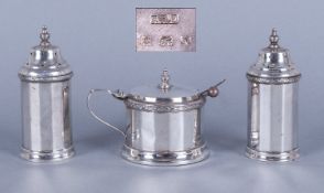 Art Deco Silver Three Piece Cruet Set Comprises Salt & Pepper Pots, plus lidded mustard pot.