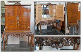 Fine Quality 1920/30`s Brass Hinged Burl Walnut Queen Anne Style Cocktail Cabinet, with two