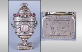 Continental Silver Combination Scent/Spice Bottle And Vinaigrette Of Unusual Twin Handled Urn