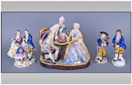 Four Dresden Type Figures, early 20th Century depicting a tea party, lovers dancing & two male