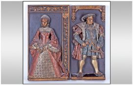 Marcus Designs Medieval Pair of Hand Painted Chalk ware Plaques, Includes Rare Henry V111 Plaque,