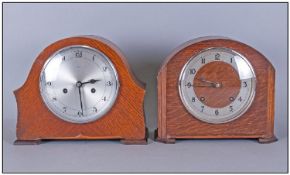 2 Oak Cased Mantel Clocks. With Silver Dials and Arabic Numerals circa 1930s