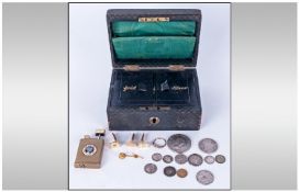 Early 20th C Leather Clad Jewellery Box, hinged lid opens to reveal two compartments marked Gold