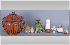 Collection Of Various Oriental Items Including Dog of Foo figure, small vases plus a lidded wicker