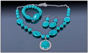 Turquoise Necklace, Bracelet and Earrings Set, the wired and chain necklace suspending an oval