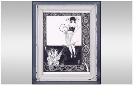 Aubrey Beardsley Black and White Framed Print. Painted grey frame, mounted behind glass. 21 by 16